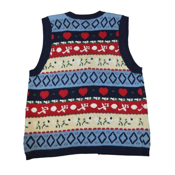 Vintage 90s Eagle's Eye Knit Sweater Vest Teacher Core Blue Red Hearts Size M - Picture 10 of 11